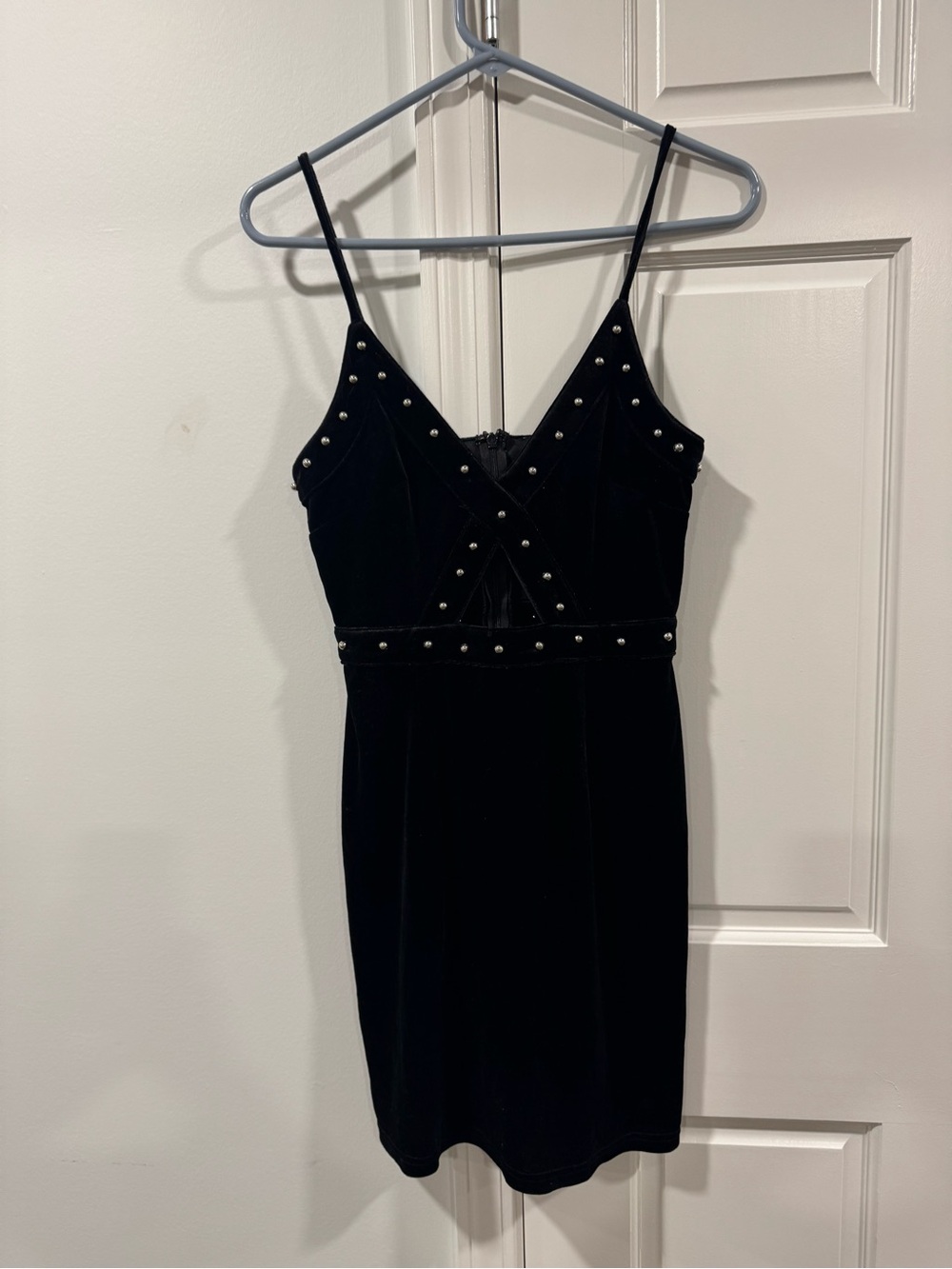 Black Studded Velvet Mini Dress with Spaghetti Straps